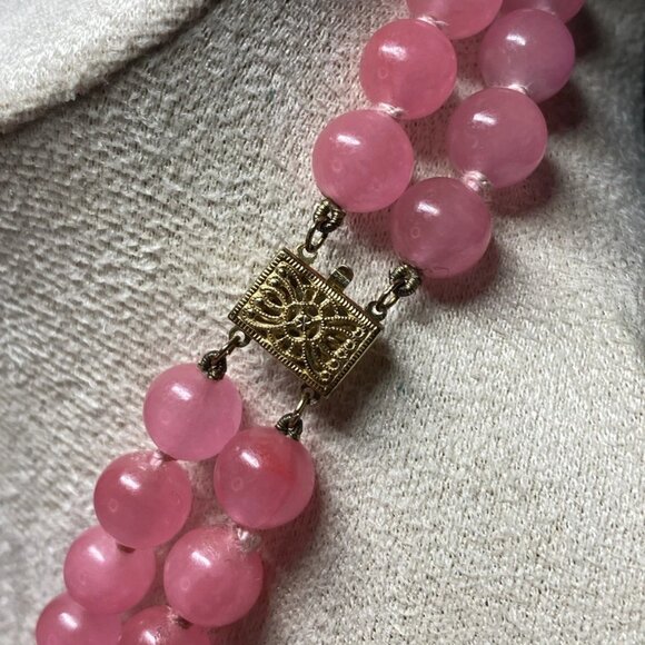 Natural Rose Quartz Bead Necklace 18.5” | 14K Gold Clasp | Vintage 97g - Picture 14 of 15